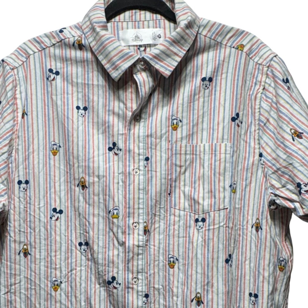 Disney Mens Mickey Mouse Donald Duck Pluto Striped Short Sleeve Button Down L